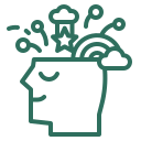 Icône d’une tête avec des petits éléments (étoiles, éclairs, formes) sortant du crâne, symbolisant créativité et imagination