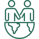 Icône d’un demi-globe avec deux personnes se tenant la main, symbolisant l’ouverture et le lien